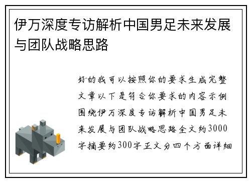 伊万深度专访解析中国男足未来发展与团队战略思路