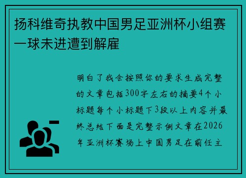 扬科维奇执教中国男足亚洲杯小组赛一球未进遭到解雇